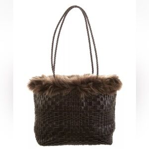 FALOR Le Borse Brown Woven Genuine Leather Fur Trim Shoulder Tote Bag
